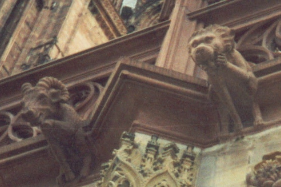 Pair of Gargoyles perched on Cathedral in Strasbourg, photograph by C. W. Booth