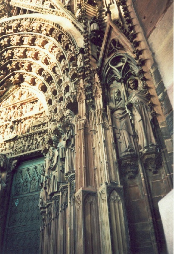 Detailed view of front of Cathedral in Strasbourg, photograph by C. W. Booth